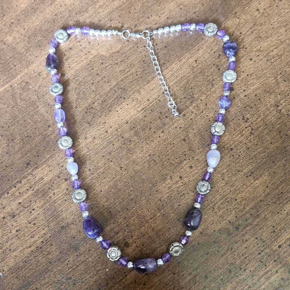 Amethyst Purple Gemstone Bead Silver Tone Adjustable Necklace 22in Boho Jewelry